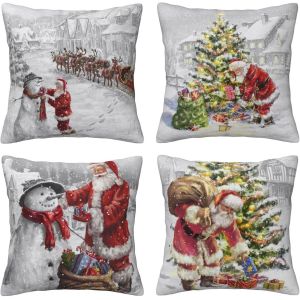 Slep-Lot De 4 Housses De Coussin Décoratives En Coton Et Lin De Noël (50 X 50 Cm, Blanc Noël) - Neuf