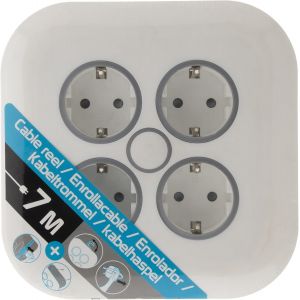 SJZG-, Enrouleur Domestique 4 Prises Schuko 7M Blanc Avec C&acirc;ble Ho5Vv-F 3G1.5Mm&sup2;, Crochet De Suspension R&eacute;tractable, Prise Extra-Plate, Fixation Murale Facile, Coupe-Circuit Thermique Int&eacute;gr&eacute; - Neuf