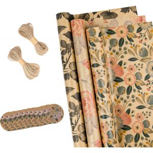 Rouleaux De Papier D'emballage Avec &Eacute;tiquettes, Ficelle De Jute - 43 Cm X 3 M Par Rouleau, Total De 3 Rouleaux, Fleurs - Neuf