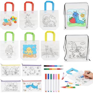 Kalanka-12 Sac A Colorier Enfant En 3 Styles, Sac A Peindre Enfant Avec Crayons De Couleurs Empilables, Kit Peinture Enfant, Sacs À Main Réutilisables Diy Bilatéral Pour Cadeaux Fête D'anniversaire - Neuf