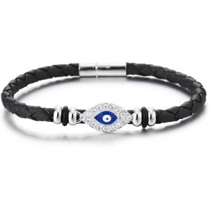 Eryi-Femme Strass Mauvais Oeil Cuir Bracelet - Noir Tressé Cuir - Protection Amulette Boho Mode - Neuf