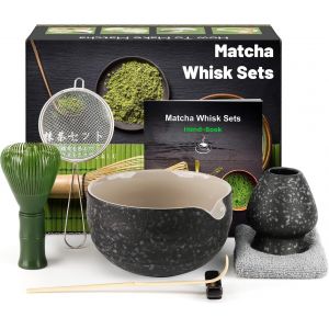 Kalanka-7 Pièces Matcha Kit Ceremonie Japonais, Fouet Matcha En Résine Vert, Bol Matcha, Pelle En Bambo, Porte-Fouet, Kit Matcha Complet, Coffret Matcha, Tamis, Serviette À Thé, Bol Noir - Neuf