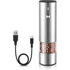 Électrique à Poivre ou Sel, Moulin - Rechargeable par USB - Moderne et de Style Durable - Automatique Moulin à Épices, de Poivre Noir ou de Sel de Mer avec réglage de la Grossièreté et de la Lumière LED Rechargeable - Neuf