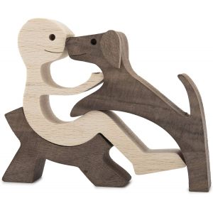 Statue En Bois Sculpté À La Main Représentant Un Chien Et Son Propriétaire, Décoration D'intérieur Artisanale En Bois Massif, Ornement De Sculpture Symbolisant L'amitié Et La Famille - Neuf