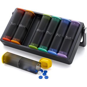 Tianyi-Pilulier Hebdomadaire 2 Fois Par Jour, Grand Pilulier De Voyage 7 Jours, Am Pm Twice Daily Avec Poignée Rotative, Support De Pilulier Pour Vitamines, Médicaments, Compléments, Noir Translucide - Neuf