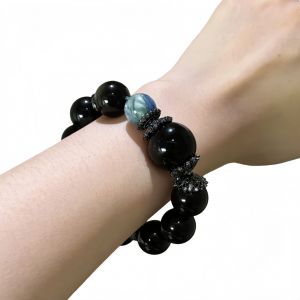 Bracelet Multigemmes En Obsidienne Dor&eacute;e Obsidienne Noire Et Quartz Bleu : Perles 13.5-20mm Bijou Artisanal Pour Confiance Et &Eacute;quilibre Quotidien R&eacute;f&eacute;rence Bac1080 - Neuf