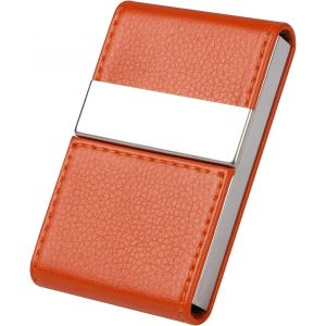 TRAHOO-&reg; Porte-Cartes de Visite | Porte-Cartes de Cr&eacute;dit en Cuir PU, Bo&icirc;tier d'identit&eacute; Ultra-Mince en Acier Inoxydable pour Hommes/Femmes | Double Boucle Magn&eacute;tique Ouverte - Orange - Neuf
