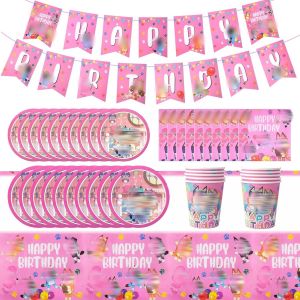 Letnerny-Anniversaire, 42 Pi&egrave;ces Vaisselle De F&ecirc;te, Deco Anniversaire F&ecirc;te D'anniversaire Inclure Nappe,Assiette Rose, Tasses, Banni&egrave;re, Serviette Pour 10 &Agrave; 20 Portions - Neuf