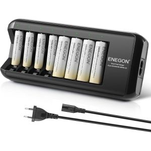 Chargeur de Piles (8 Fentes) avec 4 Piles Rechargeables AA 1100mAh & 4 Piles Rechargeables AAA 2800mAh,Chargeur de Piles Rechargeables AA et AAA,Chargeur Rapide pour Piles AA/AAA NI-Mh. - Neuf