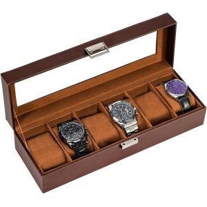 Kal-Boite À Montre Antichoc, Coffret Montre Homme Avec 6 Emplacements Coussins Montre, Rangement Montre Avec Couvercle En Verre, Pour Passionné D`Horlogerie -Marron - Neuf