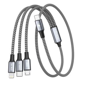 THEF-100W Câble Chargeur Multi Embout [50CM] Cable Multi Chargeur USB C vers USB C [100W]+USB C vers Lightning[27W]+USB C vers Micro[10W] pour iPhone 15/14, Galaxy S24/S23, Pad Pro, MacBook - Gris - Neuf