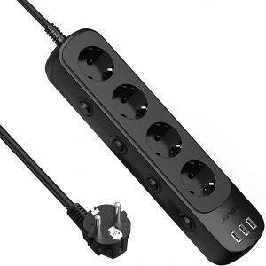 Multiprise USB &agrave; 4 Prises avec 3 Ports USB rallonge &eacute;lectrique (3680 W) avec Interrupteur Individuel pour la Maison, Le Bureau et Les Voyages C&acirc;ble de 2 m Noir - Neuf