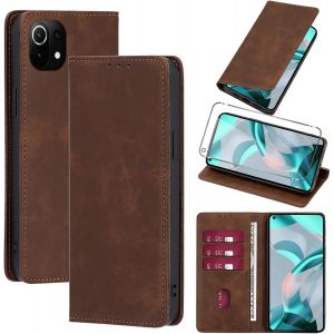 Kal-Coque Cuir Pour Xiaomi 11 Lite 5g Ne/Mi 11 Lite 4g/5g 6.55"" Avec 1 Verre Trempé Etui À Rabat En Pu Porte-Cartes Portefeuille Support Flip Housse Magnétique Antichoc Anti-Rayures Case,Marron - Neuf