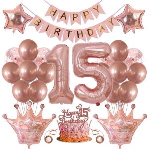 D&eacute;coration De 15 Ans Pour Fille - D&eacute;coration D'Anniversaire - Ballons - 15 Ans - D&eacute;coration D'Anniversaire - D&eacute;coration De G&acirc;teau - 15 Ans - D&eacute;coration D'Anniversaire - Banni&egrave;re Happy Birthday - Neuf