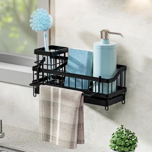 Jexnovashop-Porte Eponge Evier Cuisine, Organiseur Evier Cuisine Avec Bac De Vidange Automatique, Range Eponge Evier Cuisine A Porte-Brosse/Porte-Serviettes Amovible, Organisateur Evier Cuisine Avec - Neuf