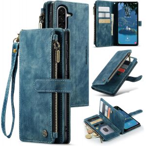 JGD-&Eacute;tui Portefeuille pour Samsung Galaxy A17 5G, Fait &agrave; la Main en Cuir PU avec Emplacements pour Cartes Fermeture Magn&eacute;tique avec Hand Strap Poche &agrave; Fermeture &eacute;clair et B&eacute;quille Portable, Bleu - Neuf