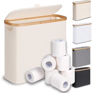 28 L Boite Rangement Papier Toilette avec Couvercle, Bambou Panier &agrave; Papier Hygi&eacute;nique Boite Rangement Salle de Bain, Corbeille Porte-Papier Toilette pour 9 &agrave; 12 Rouleaux, Beige - Neuf