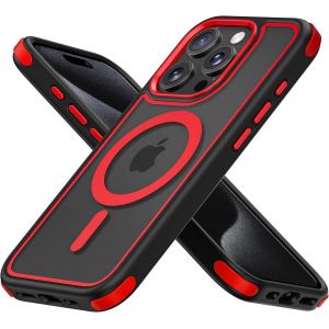 Brs-Coque Magnétique Pour Iphone 15 Pro, Compatible Avec Magsafe, Hybrid Coque Pour Iphone 15 Pro Avec Color, Protection Antichoc Militaire, Housse Anti Rayures - Noir/Rouge - Neuf