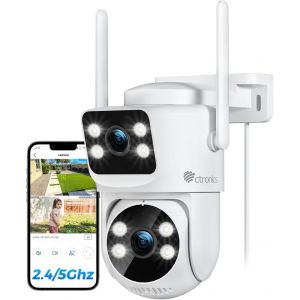 Dual Lens Outdoor Wifi Surveillance Camera, Ptz Camera 2.4/5Ghz Nvr, Auto Tracking, 30M Color Night Vision & 24/7 Recording, Compatible Pc/Tablet/Phone, Ip66 - Neuf