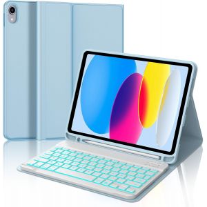 Clavier iPad (A16) 11ème Génération 11 Pouces 2025/iPad 10ème Génération 10.9¿ 2022, Coque Clavier AZERTY sans Fil Bluetooth Eclairage 7 Couleurs pour iPad 10eme/11eme avec Porte Crayon, Bleu Ciel - Neuf