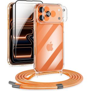 JGD-Ensemble 5 en 1 Cha&icirc;ne de t&eacute;l&eacute;phone portable pour iPhone 17 Pro Max avec bande - Housse transparente amovible avec cordon, 2X verre tremp&eacute; & film pour objectif de cam&eacute;ra (Orange) - Neuf
