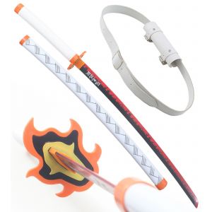 Demon Slayer Katana en Bois Kyojuro Rengoku Epee Kimetsu No Yaiba Sabre + Ceinturon Blanc Porte Epee Ceinture D&eacute;coration - Neuf
