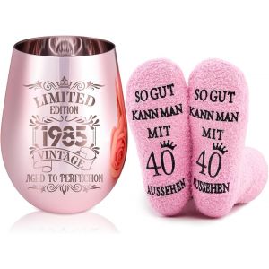 Cadeaux D'anniversaire Amusants Pour Femmes Y Compris Un Verre À Vin Plaqué Or Rose Avec Gravure Et Chaussettes D'anniversaire Cadeau D'anniversaire De Mariage Verres À Vin Rouge(40 Ans) - Neuf