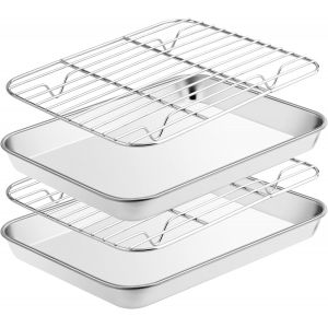 JEXNOVASHOP-Plaque de Cuisson avec Grille de Refroidissement2 Plaques + 2 Racks,en Acier Inoxydable avec Grille,non Toxique et R&eacute;sistant et Facile &agrave; Nettoyer Passe au Lave-Vaisselle(23,5x17,5x2,5cm&iquest; - Neuf