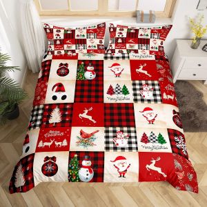 (Ensemble De 3) No&euml;l Ensemble Literie Queen Size Cerf Bonhomme De Neige, Santa Claus Imprim&eacute; Housse De Couette Avec 2 Taies D'oreiller &Agrave; Carreaux Imprim&eacute; Lit Ensemble Pour Les Enfants Gar&ccedil;ons Filles - Neuf