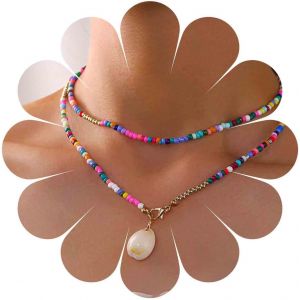 Kal-Collier Ras Du Cou Boho En Perles De Rocaille Collier Pendentif Cauris Vintage Collier Chaîne En Perles De Riz Coloré Collier Plage En Cauris Bijoux En Chaîne Pour Femmes Et Filles - Neuf
