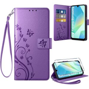 TRAHOO-Coque pour Samsung Galaxy A16 5G/4G + 1 Verre Tremp&eacute;, Retro Design Housse Premium en Cuir PU Pochette de Portefeuille pour Porte Cartes Fonction Stand Flip Etui pour Samsung A16, Violet - Neuf