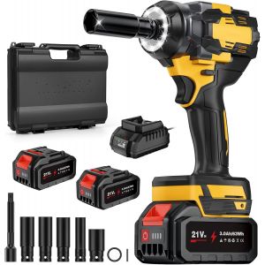 MEVRONISSHOP-Cl&eacute; &agrave; Chocs Sans Fil 700N.m, Visseuse a Choc Brushless 1/2"" avec 5 Douilles &agrave; Chocs et Tige D'extension, 2 Batteries et Chargeur Rapide, 3200RPM, 21V Boulonneuse a Choc f&uuml;r Pkw, Pick-ups - Neuf