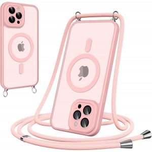 Maa-Coque Magnétique Pour Iphone 11 Pro Max Avec Cordon, [Compatible Avec Magsafe] Etui Translucide Mat Arrière Anti-Jaunissement Antichoc Réglable Portable Lanyard Case Protection, Rose - Neuf