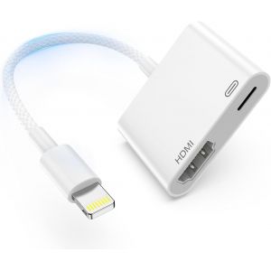 THEF-Adaptateur HDMI pour iPhone,Adaptateur AV Lightning vers HDMI/1080P Vidéo Audio Sync Hronisation d'écran Connecteur Chargeur avec iPhone 14/12/11/XS/8/7/iPad/Projecteur/Moniteur/TV(Plug & Play) - Neuf