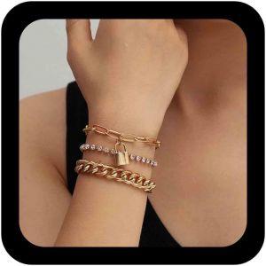 Eryi-Lot De 3 Bracelets Punk Épais En Or Avec Motif Serpent À Chevrons Et Chaîne À Maillons En Métal Épais Réglables Avec Trombone Et Chaîne Pour Femme - Neuf