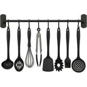 Ulteronixshop-Porte Ustensiles Cuisine Adh&eacute;sif Noir - Accroche Ustensiles De Cuisine 40 Cm - Barre Cuisine Avec 8 Crochets - Organiseurs Et Porte-Ustensiles Ou Outils Pour Cuisine, Salle De Bains Ou - Neuf