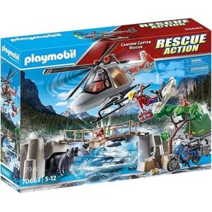 Playmobil Rescue Action 3 Figures, 1 V&eacute;hicule, 1 H&eacute;licopt&egrave;re, 1 Bear, Various Accessories, Rocks With A Bridge And A Tree - Neuf