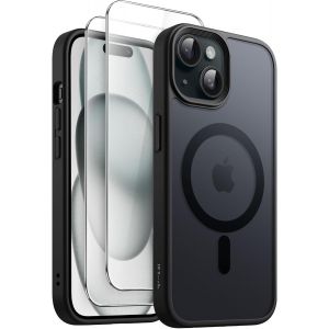MEVRONISSHOP-3 en 1 Coque Magn&eacute;tique pour iPhone 15 6,1 Pouces avec Lot de 2 Films de Protection D'&eacute;cran en Verre Tremp&eacute;, Compatible avec MagSafe, &Eacute;tui Housse Mat Translucide (Noir) - Neuf