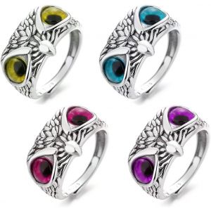 Kahfl-Arh 4pcs Bague Amulette,Rétro Affligé Hibou Anneau Créatif Ouvert Réglable Anneau Mignon Animal Bague Argent Mode Fête Bijoux Cadeaux,Bague Amulette De Protection - Neuf