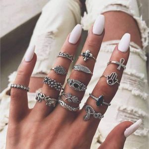 Kal-Bagues De Cheville Vintage Bohème, En Argent, Empilables, Motif Feuille D'éléphant, Style Rétro, Pierre De Lune, Accessoires Pour La Main, Bijoux Pour Femmes Et Filles, Argent, Pierre De Lune - Neuf