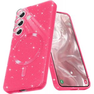 Sjzg-Coque Magn&eacute;tique Pour Samsung Galaxy S24 Etui &Agrave; Paillettes Brillant Compatible Avec Magsafe Charge Sans Fil Housse De Protection Antichoc Pour Appareil Photo Silicone Tpu Souple,Rouge Ros&eacute; - Neuf