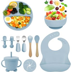 Kal-Coffret Repas Bebe Silicone,11 Pi&egrave;ces Assiette Ventouse Pour B&eacute;b&eacute; Assiettes,Couverts Pour Enfants Sans Bpa,Bols,Dossards,Cuill&egrave;res,Fourchettes,Gobelets &Agrave; Boire,Assiette De Diner - Neuf