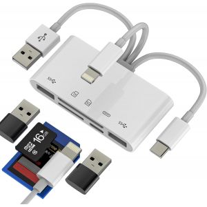 LORANKA-Adaptateur USB C Lightning USB(5in1)USB OTG 3.0 C&acirc;ble Lecteur de Carte SD Pour Apple iPhone 15 14 Micro SD Carte Lecteur TF M&eacute;moire Cl&eacute; Pour iPad PC Adaptateur Cam&eacute;ra M&eacute;moire Compatible Pour - Neuf