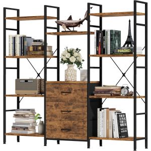SUBZONAL-Biblioth&egrave;que Haute 120 L x 142 H cm avec 3 Tiroirs en Tissu, &Eacute;tag&egrave;re &agrave; 4 Niveaux, Grande &Eacute;tag&egrave;res de Rangement pour Salon, Bureau, Chambre &agrave; Coucher, Cuisine, &eacute;tag&egrave;res Ouvertes Bois Rustique - Neuf