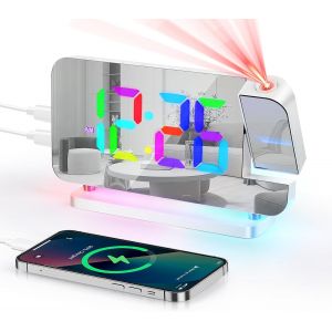 Réveil Numérique, Réveil Avec Projection, Horloge Miroir Led 7.4"", Veilleuse 10 Couleurs, Projecteur Rotatif 180°, Chargeur Usb-C, Réveils Projection Pour Enfants Chambre Filles Garçons (Blanc) - Neuf