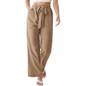 Pantalon Femme &Eacute;t&eacute; Lin Coton Pantalons Fluide Taille Haute Elastique Ample L&eacute;ger Cordon Pantacourt D&eacute;contract&eacute;e Solide Couleur Wide Leg Sport Longueur Pants Avec Poches - Neuf