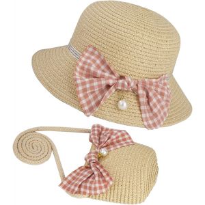 Chapeaux De Paille Filles Et Petit Sac Ensemble Avec Décoration Bowknot Chapeau De Soleil D'été Enfant Pour Plage Voyage Randonée.[Z1058] - Neuf