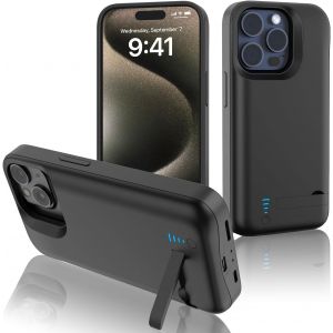Hui-Coque Batterie Pour Iphone 15 Pro Max,Coque Chargeur Rechargeable Avec Support,[6800mah] Batterie Externe Pour Apple 15 Pro Max(6,7'')-Noir - Neuf