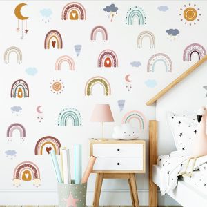 Stickers muraux arc-en-ciel nuage et goutte de pluie pour chambre d'enfant, autocollants en PVC amovibles, format collage 80 x 80 cm - Neuf