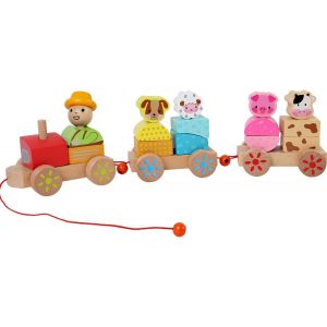 Train en bois avec animaux de la ferme pour enfant, jouet éducatif Montessori, développement motricité fine et reconnaissance des formes, jouet coloré durable pour bébé et tout-petits - Neuf